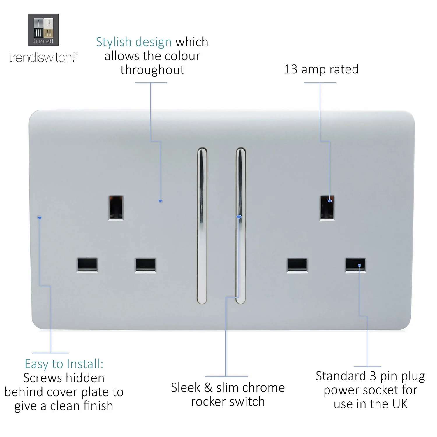 Trendi Switch 2 Gang 13 Amp Long Switched Plug Socket In Screwless Silver 5 Trendi Switch 2 Gang 13 Amp Long Switched Plug Socket In Screwless Silver - Image 3