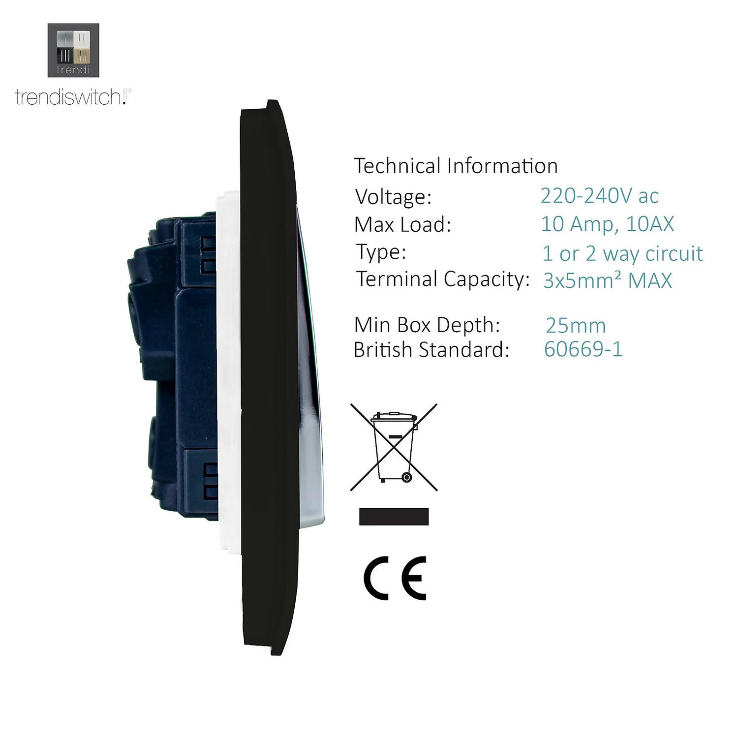 Trendi Switch 1 Gang 2 Way 10 Amp Rocker Light Switch In Screwless Black 7 Trendi Switch 1 Gang 2 Way 10 Amp Rocker Light Switch In Screwless Black - Image 5