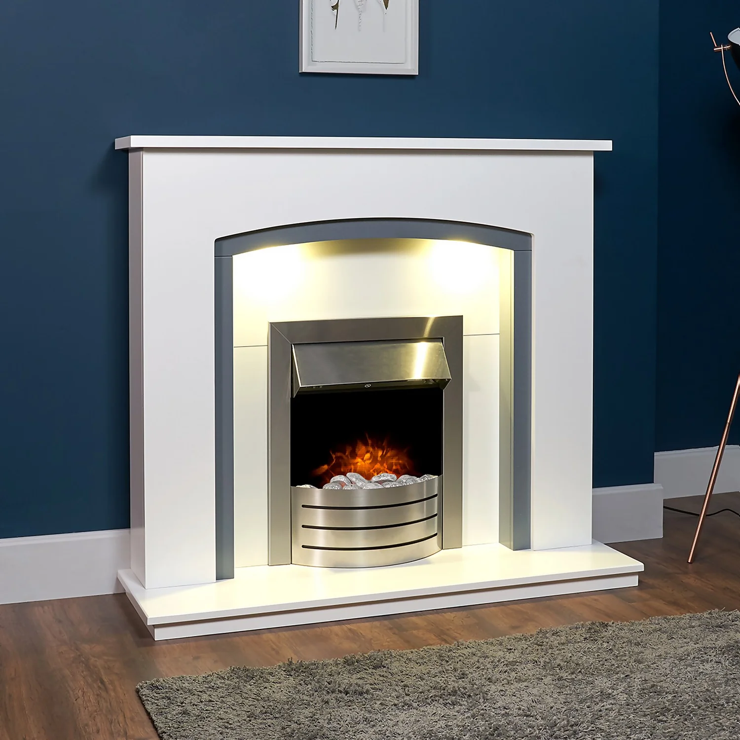 Αδάμ Adam Tuscany Fireplace Surround & Comet Electric Fire With Downlights & Flat To Wall Fitting - White, Grey & Brushed Steel 6 Αδάμ Adam Tuscany Fireplace Surround & Comet Electric Fire With Downlights & Flat To Wall Fitting - White, Grey & Brushed Steel - Image 4