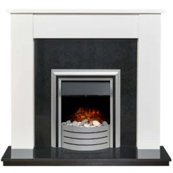 Αδάμ Adam Buxton Fireplace Surround & Lynx Electric Fire With Flat To Wall Fitting - White & Black Granite