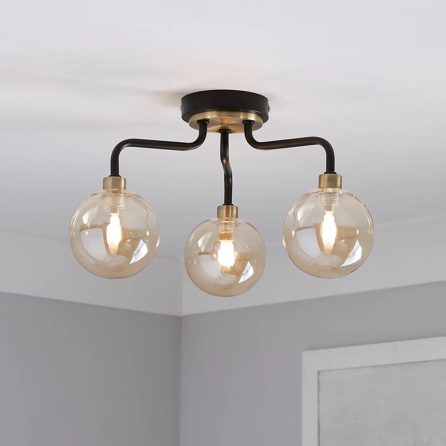Shoreditch Three Light Semi Flush Ceiling Light - Champagne & Brass 3 Shoreditch Three Light Semi Flush Ceiling Light - Champagne & Brass