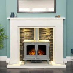 Acantha Miramar White Marble Stove Fireplace With Downlights & Woodhouse Electric Stove In Grey, 54 Inch -Energizer Sales Store 14199619 1905009418289449
