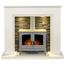 Acantha Miramar White Marble Stove Fireplace With Downlights & Woodhouse Electric Stove In Grey, 54 Inch