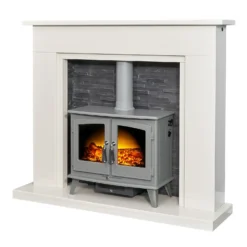 Acantha Miramar White Marble Stove Fireplace With Downlights & Woodhouse Electric Stove In Grey, 54 Inch -Energizer Sales Store 14199619 2015009418334059