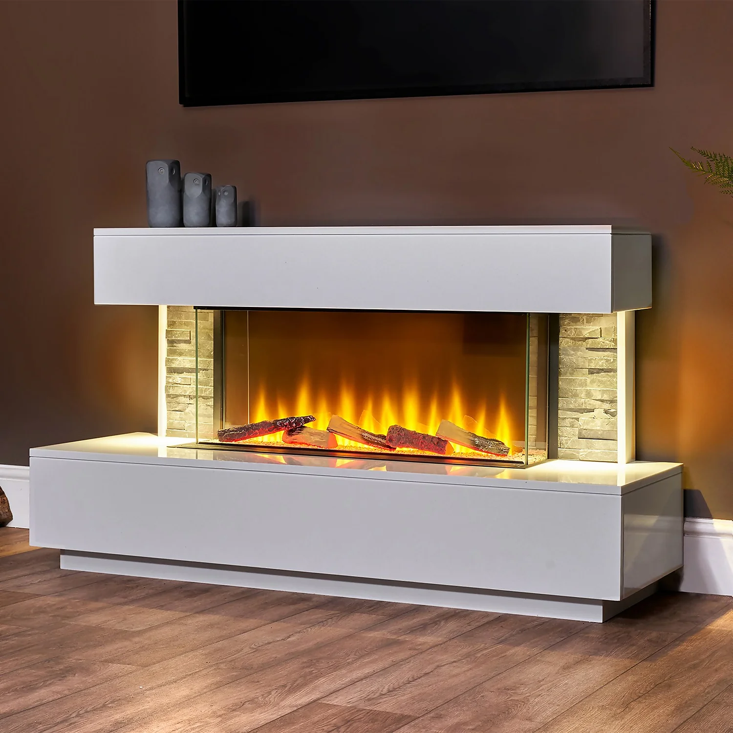 Acantha Aspen White Marble & Slate Fireplace Suite With Downlights, 50 Inch 3 Acantha Aspen White Marble & Slate Fireplace Suite With Downlights, 50 Inch